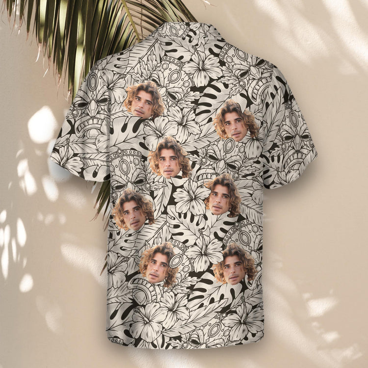 Custom Hawaiian shirts with faces on them and Tiki mask designs in black and ivory, bringing lightweight, fun island vibes to any casual event.