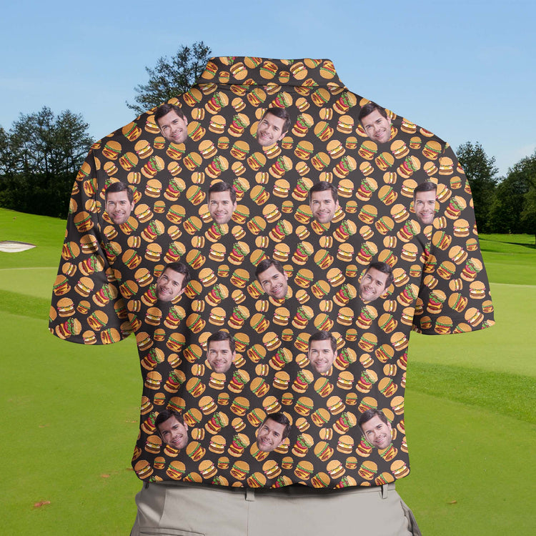 Funny golf shirts with faces on them, featuring a tasty burger illustration and available in big and tall sizes.