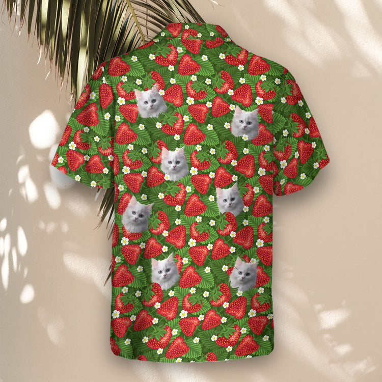 Fun and stylish custom Hawaiian shirts with faces on them, decorated with ripe strawberries, tropical foliage, and floral accents for a fresh, bold look.