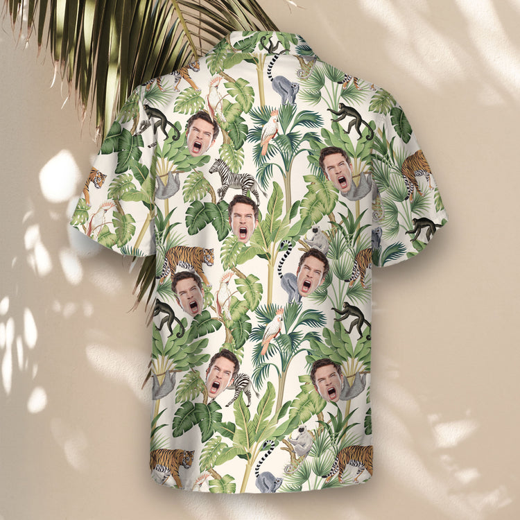 Stand out in custom Hawaiian shirts with faces on them, decorated with jungle wildlife like tigers, monkeys, and parrots among banana and palm trees.