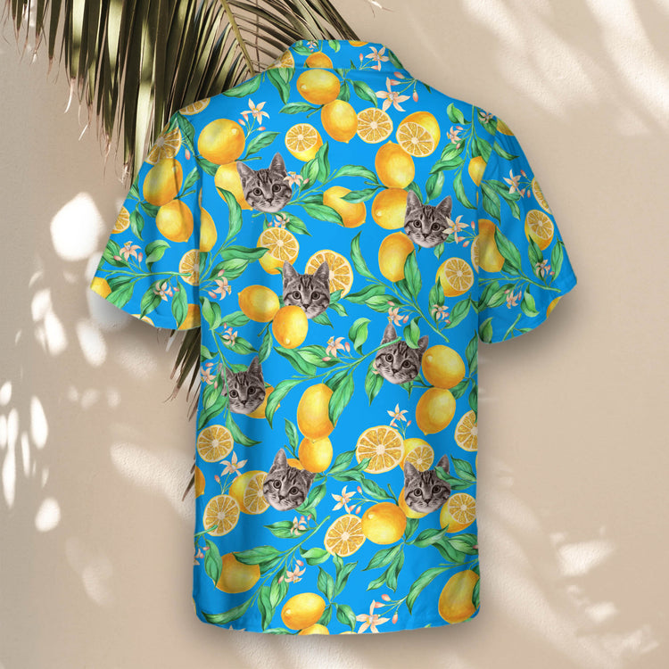 Lush custom Hawaiian shirts with citrus fruits, tropical leaves, and floral accents, perfect shirts with faces on them for a fresh and vibrant look.