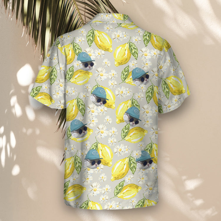 Custom Hawaiian shirts with faces on them and vibrant lemons, daisies, and green leaves, offering a fresh, stylish twist with Italian flair for any occasion.