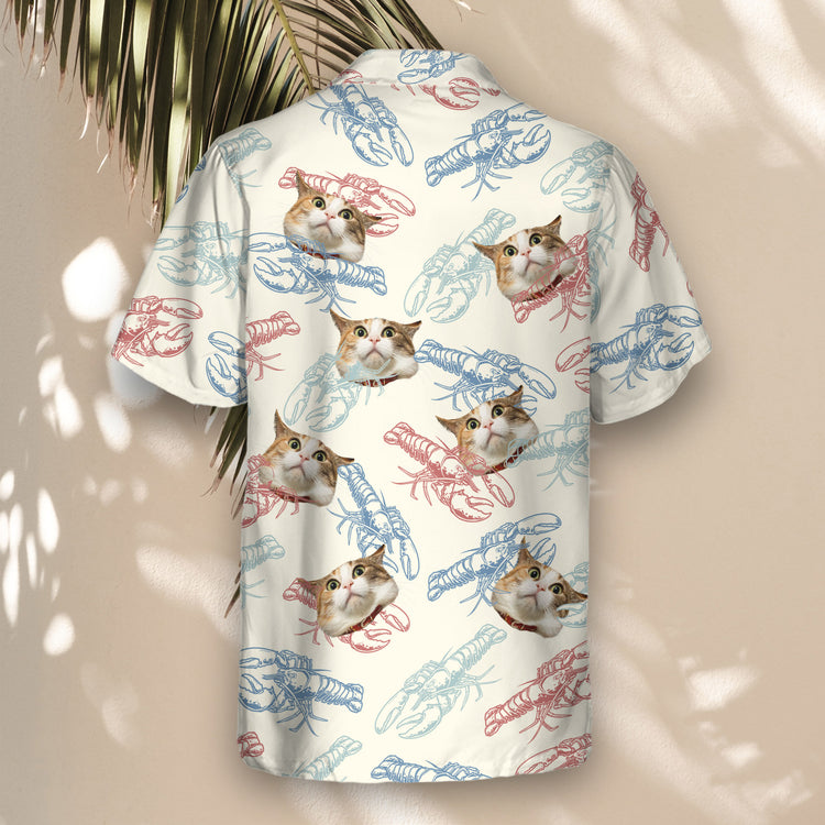 Playful custom Hawaiian shirts with faces on them, showcasing vibrant lobsters on a soft ivory background, perfect for a festive, standout look.