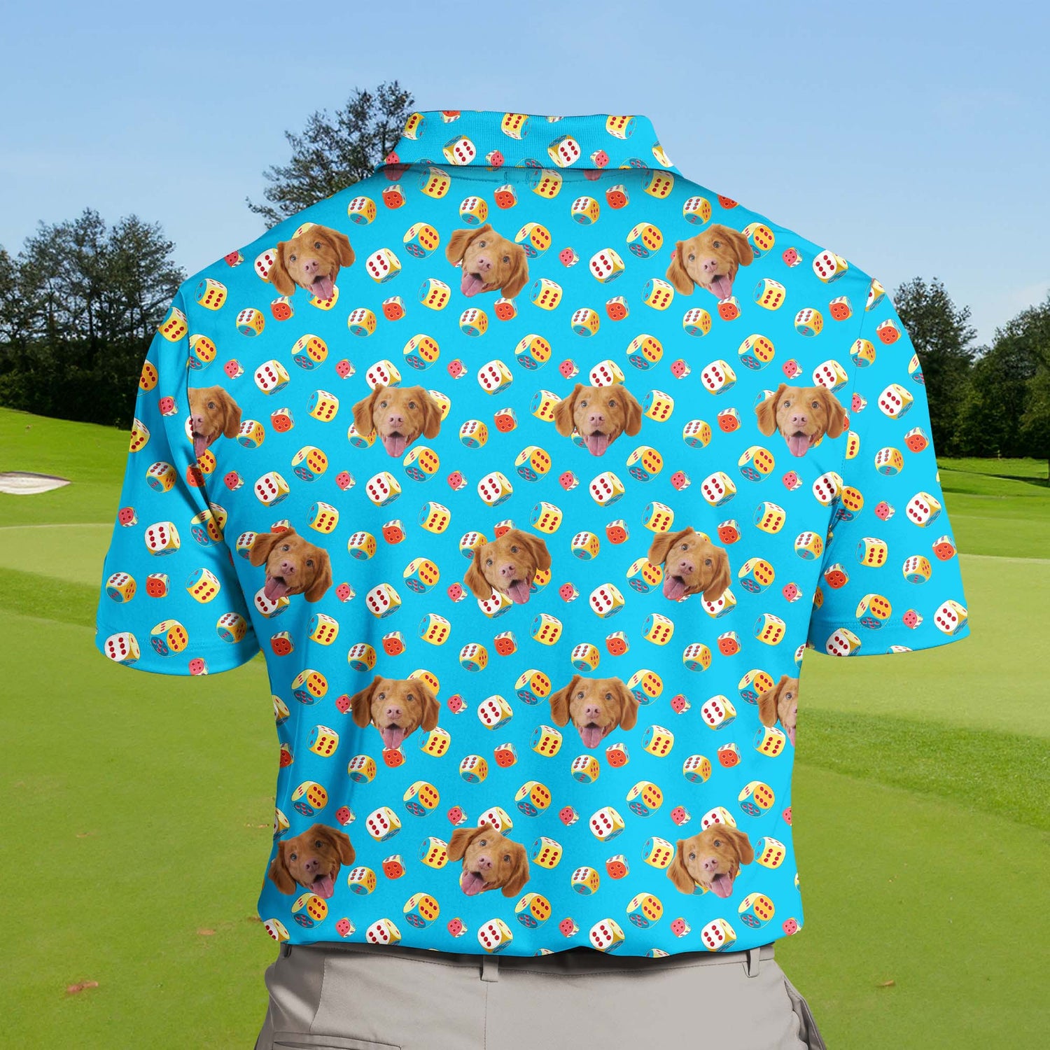 Playful funny golf shirts with faces on them, featuring colorful lucky dice, perfect for adding fun to your game.