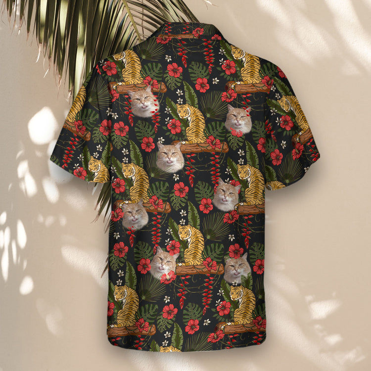 Majestic Tiger custom Hawaiian shirts with faces on them, designed with tropical jungle elements, vivid red hibiscus, and lush greenery on black fabric.
