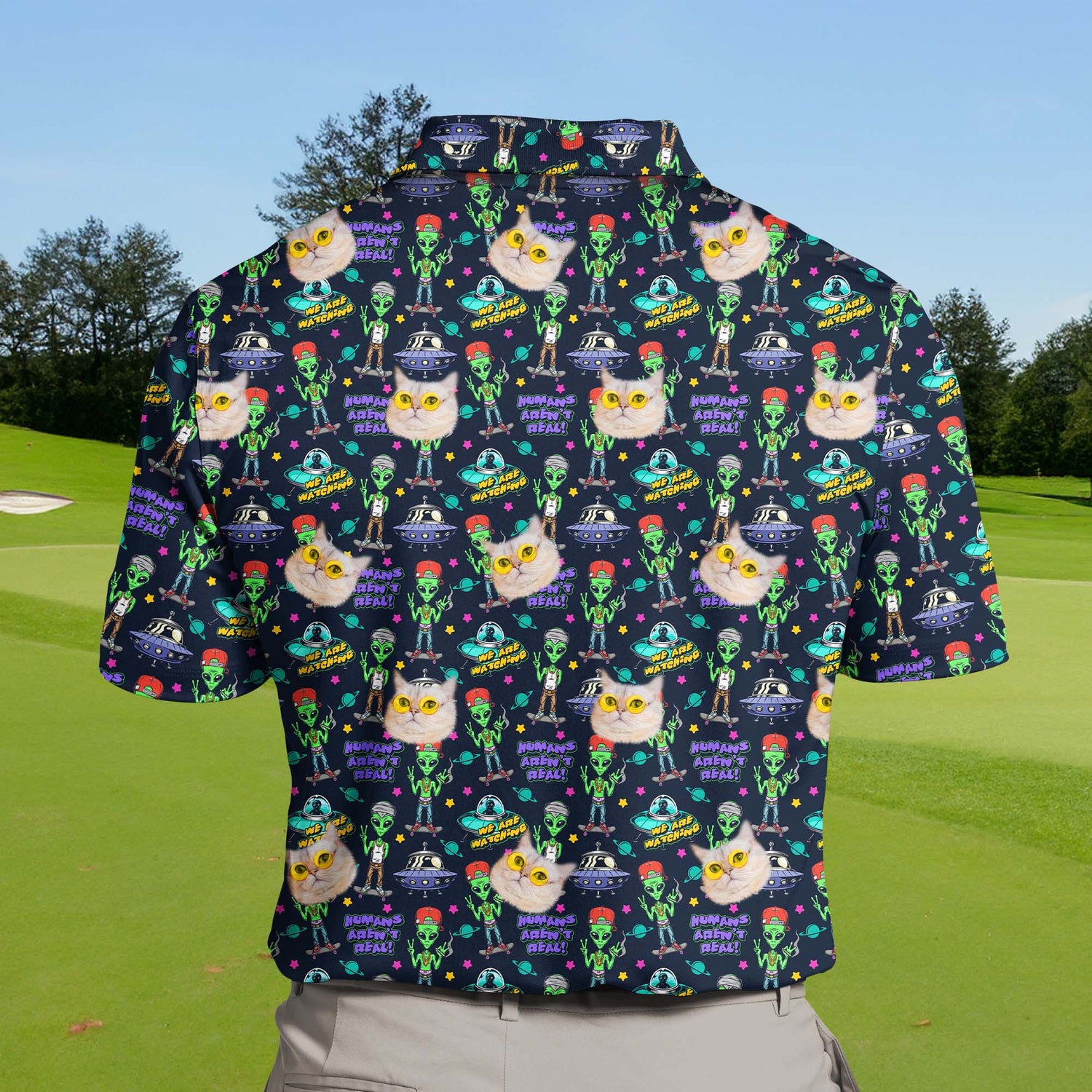 Big and tall funny golf shirts with faces on them, featuring colorful alien themes.
