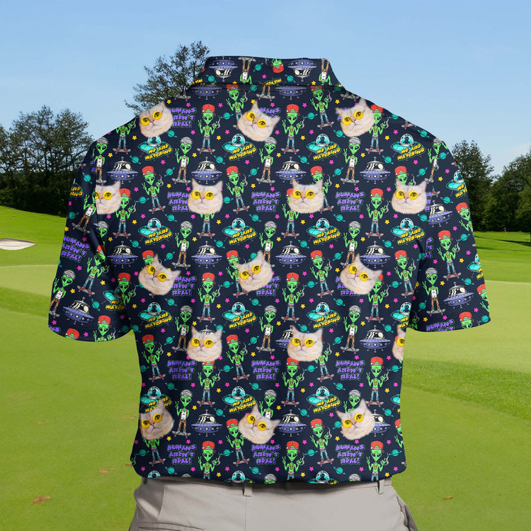 Big and tall funny golf shirts with faces on them, featuring colorful alien themes.
