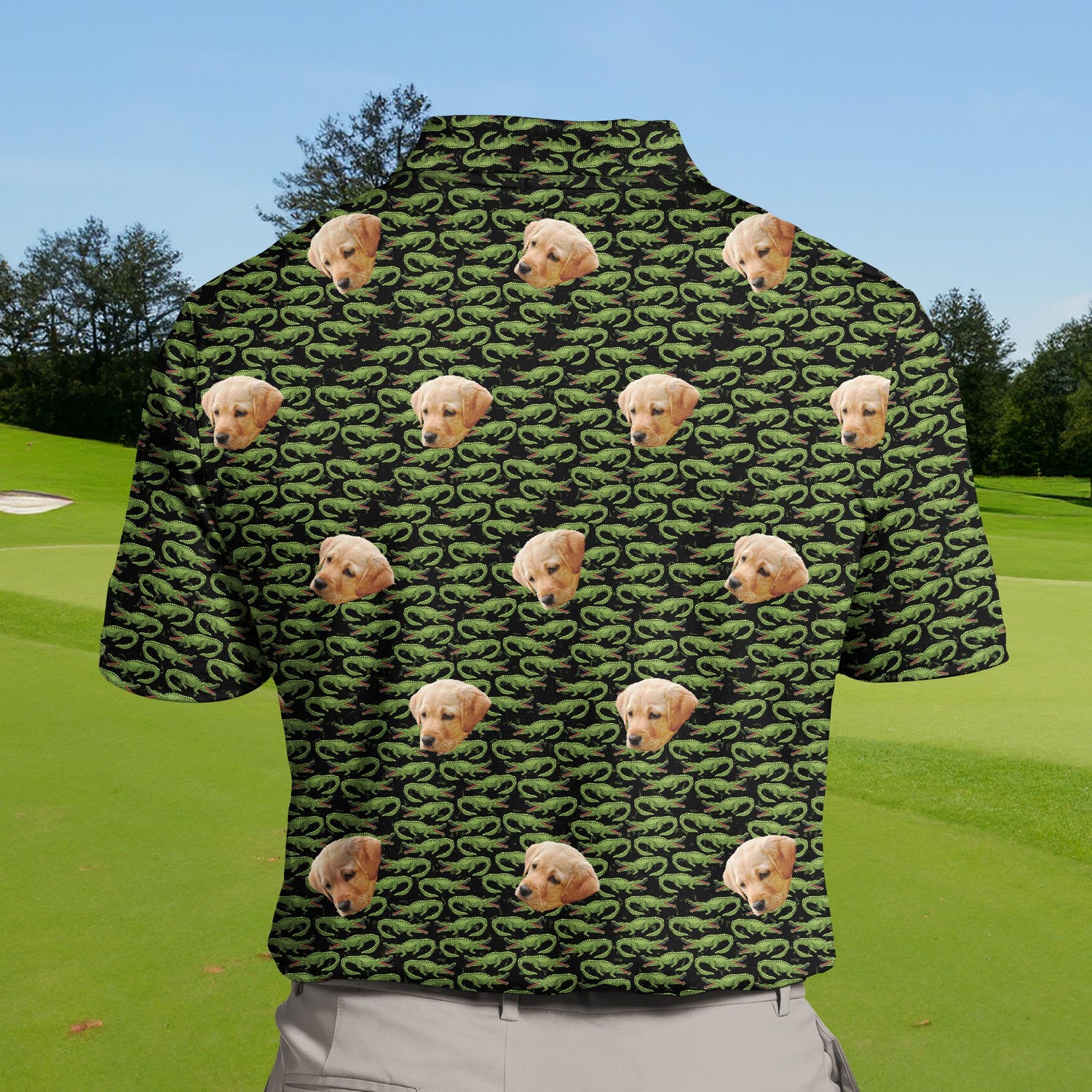 Customizable funny golf shirts with crocodile faces and logos.