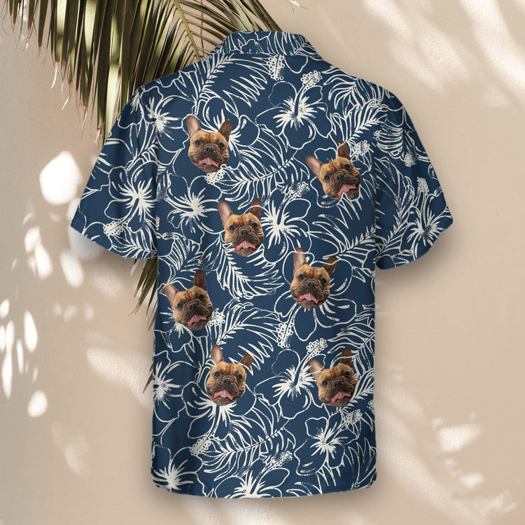 Comfortable custom Hawaiian shirts with faces on them, featuring navy blue hibiscus flowers and tropical plants, perfect for embracing island vibes on any adventure.