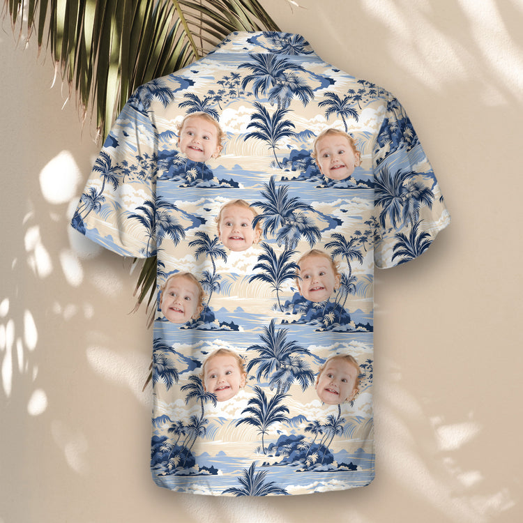 Vintage-inspired custom Hawaiian shirts with faces on them, showcasing palm trees and ocean waves, perfect for adding a touch of tropical style to your wardrobe.