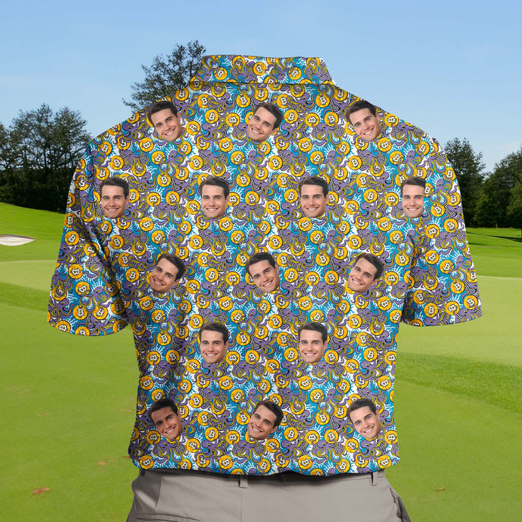 Ocean-themed funny golf shirts with faces on them for team events.