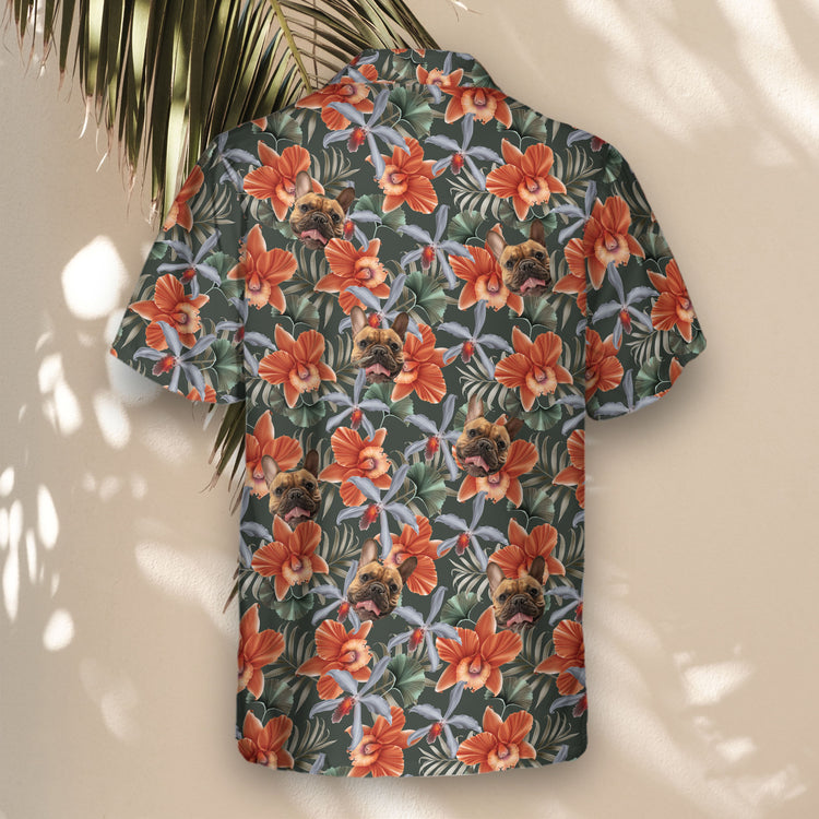Vibrant orchids and tropical leaves make these custom Hawaiian shirts a must-have for paradise lovers—stylish shirts with faces on them.