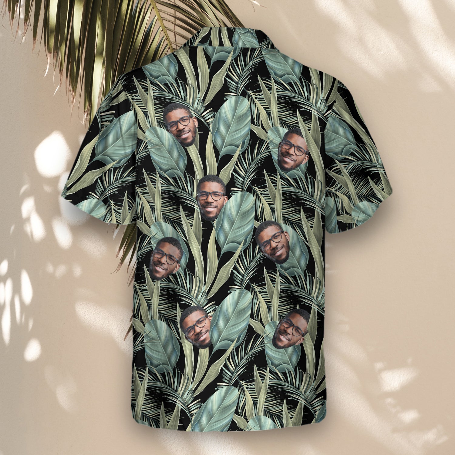 Exotic Custom Hawaiian Shirts with Faces or Logos, blending palm leaves, jungle patterns, and tropical textures for a fun vacation style.