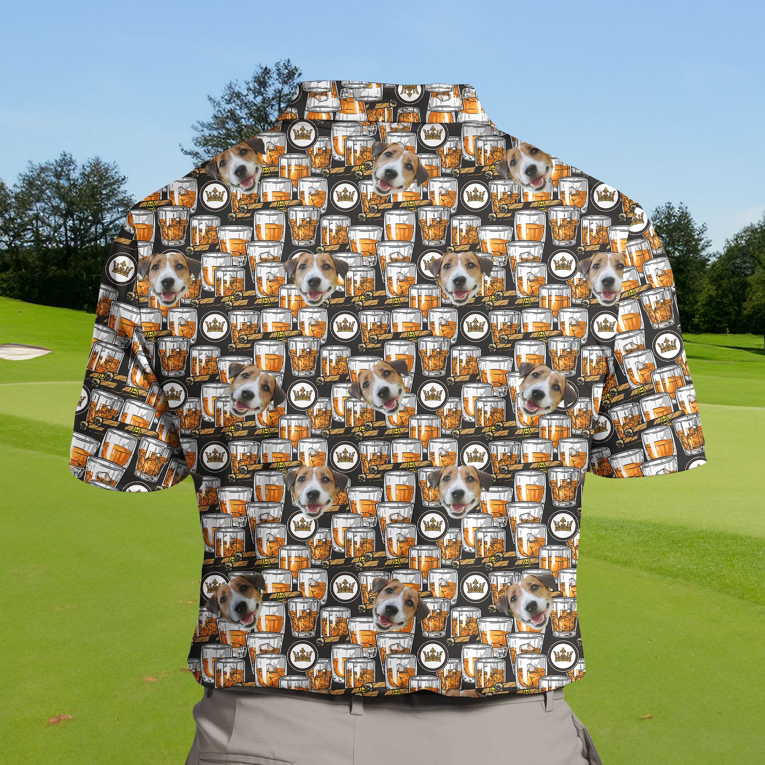 Personalized funny golf shirts with faces on them and alcohol designs.