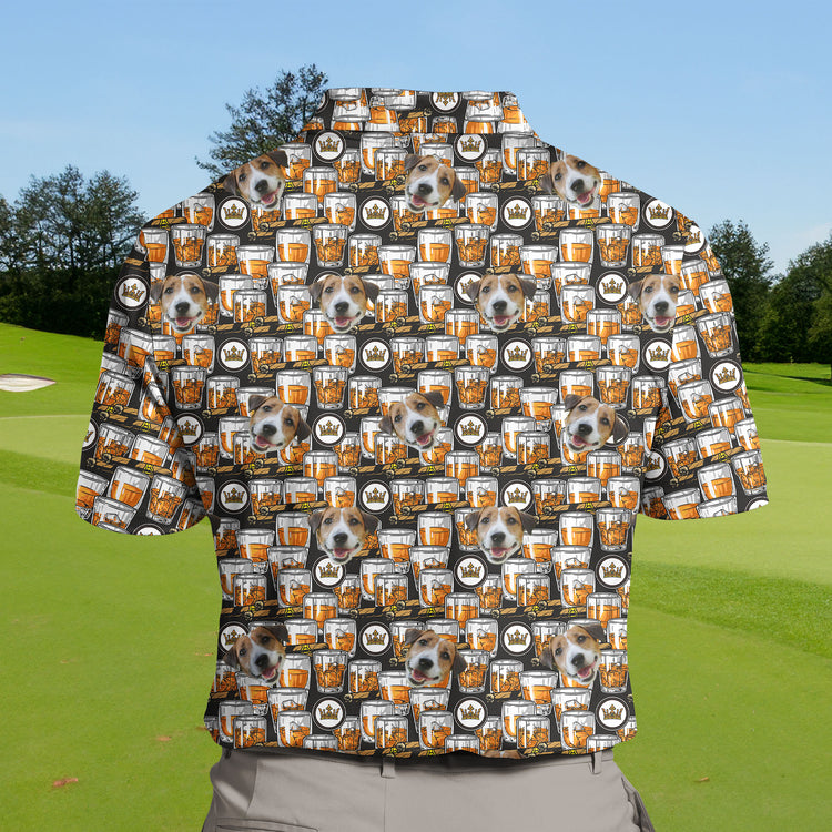Personalized funny golf shirts with faces on them and alcohol designs.