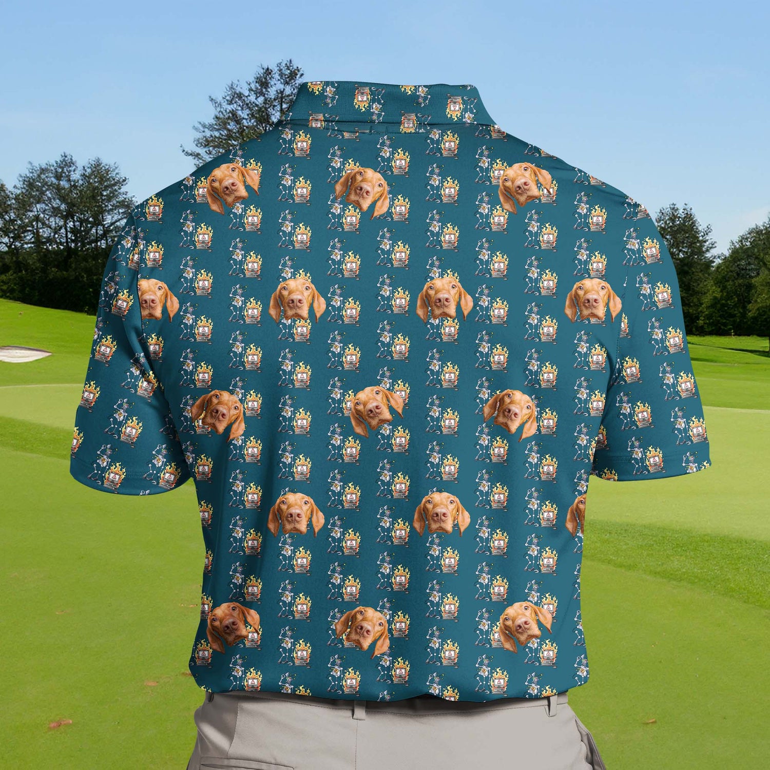 Customizable funny golf shirts with faces on them, featuring robot themes.