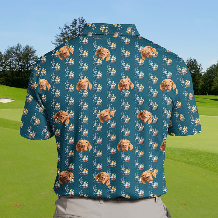 Customizable funny golf shirts with faces on them, featuring robot themes.