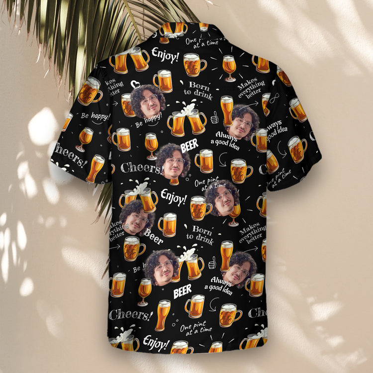 Enjoy the ultimate party look with custom Hawaiian shirts, featuring vibrant beer-themed prints and shirts with faces on them for a lively vibe.