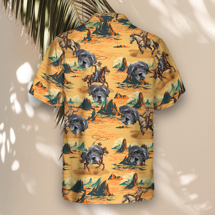 Retro custom Hawaiian shirts with faces on them, featuring cowboys and horses in vibrant Western designs, perfect for adding a fun, eye-catching look to your wardrobe.