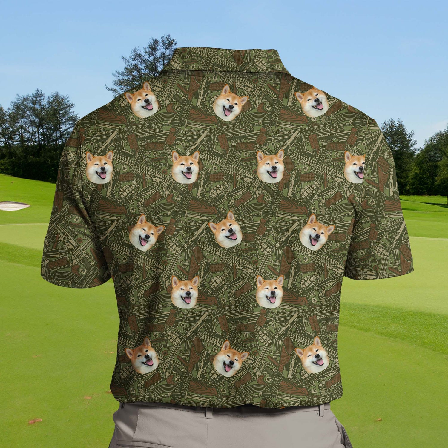 Personalized funny golf shirts with faces on them and military themes.