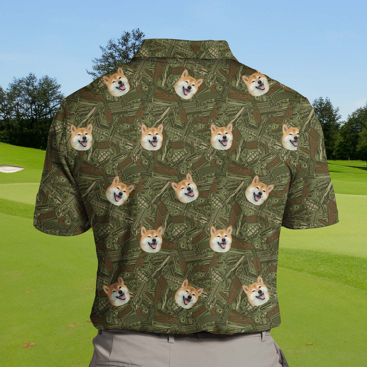 Personalized funny golf shirts with faces on them and military themes.