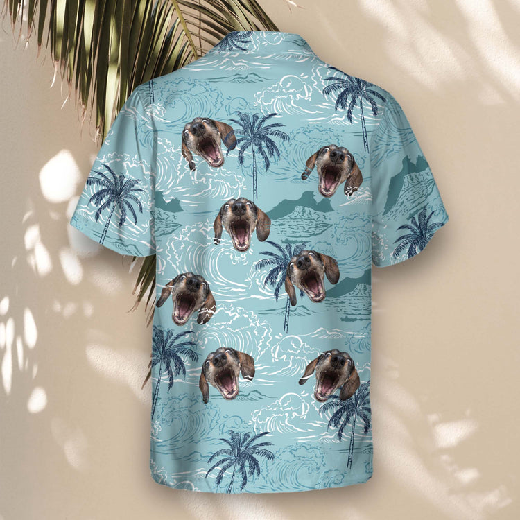 Nostalgic custom Hawaiian shirts with faces on them, featuring retro ocean waves and palm trees, ideal for a laid-back, timeless beach look.