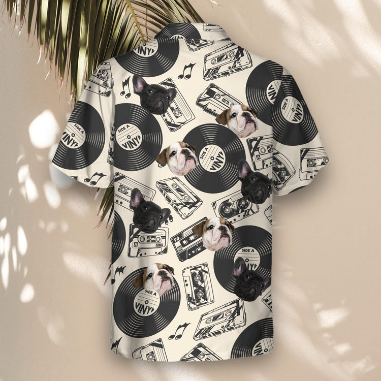 Jam out with custom Hawaiian shirts with faces on them, featuring vintage vinyl records, ideal for music lovers seeking a unique, tropical-inspired look.