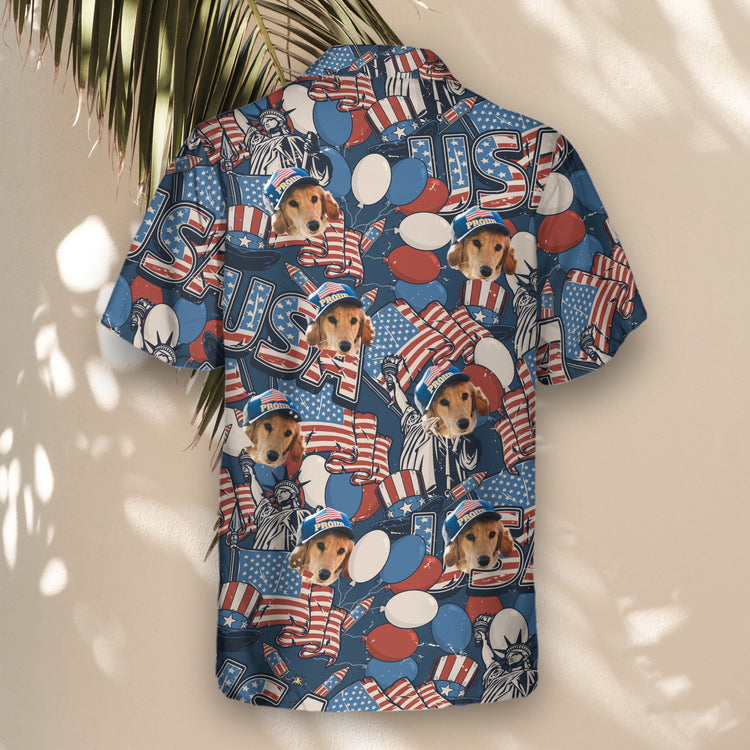 Fun custom Hawaiian shirts with faces on them, featuring vintage USA flag designs in retro colors, perfect for patriotic celebrations and summer gatherings.