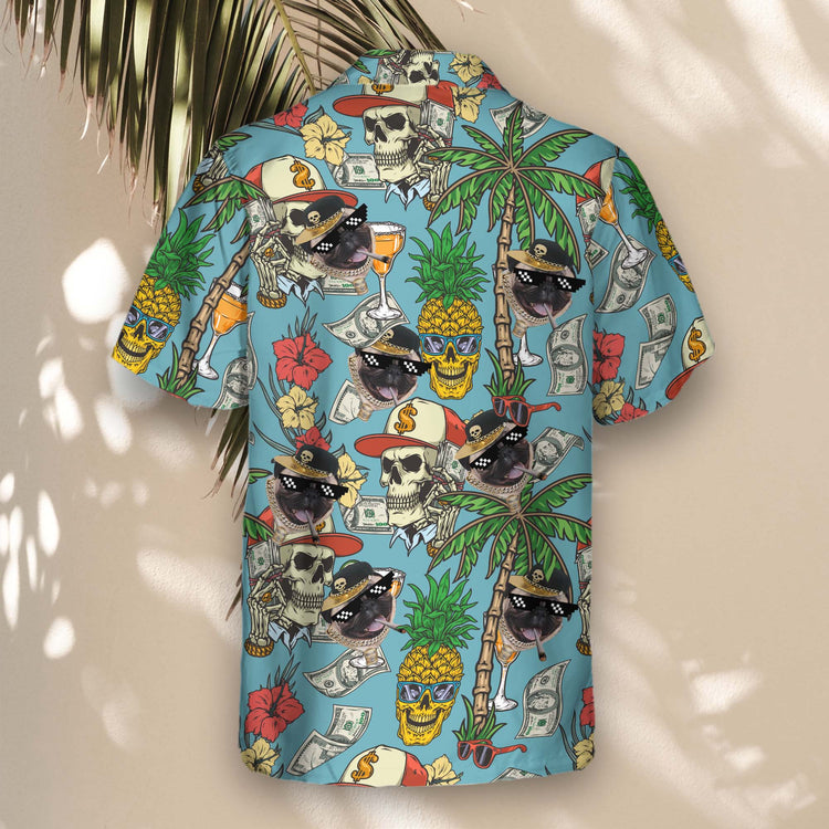 Retro custom Hawaiian shirts with faces on them, featuring skulls, palm trees, and hibiscus flowers for a colorful, playful look at casino or tropical gatherings.