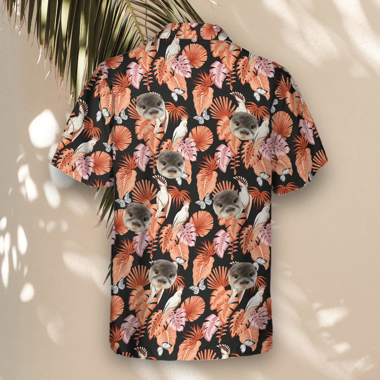 Stand out in Rosy Paradise Custom Hawaiian Shirts with Faces or Logos, blending pink parrots, botanical palm prints, and tropical florals.