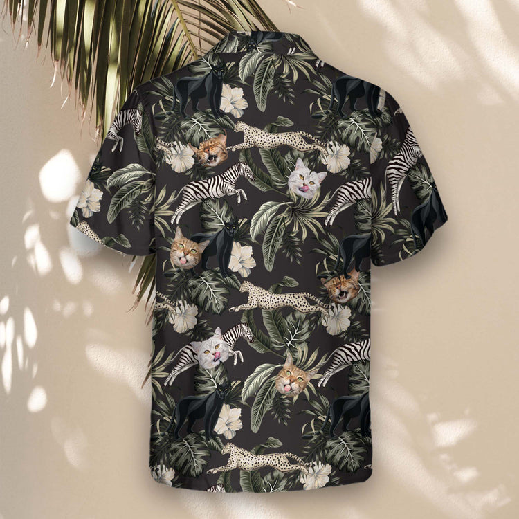 A vibrant Running Wildlife Animal Custom Hawaiian Shirt featuring exotic jungle animals like cheetahs, zebras, jaguars, and panthers in motion. The design includes lush tropical foliage, palm trees, and nature-inspired elements, creating a dynamic safari-themed look. Perfect for wildlife enthusiasts and adventure lovers.