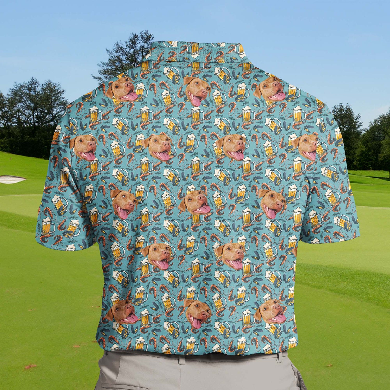 Vibrant funny golf shirts with faces on them, featuring playful seafood designs and UV sun protection for all-day wear.