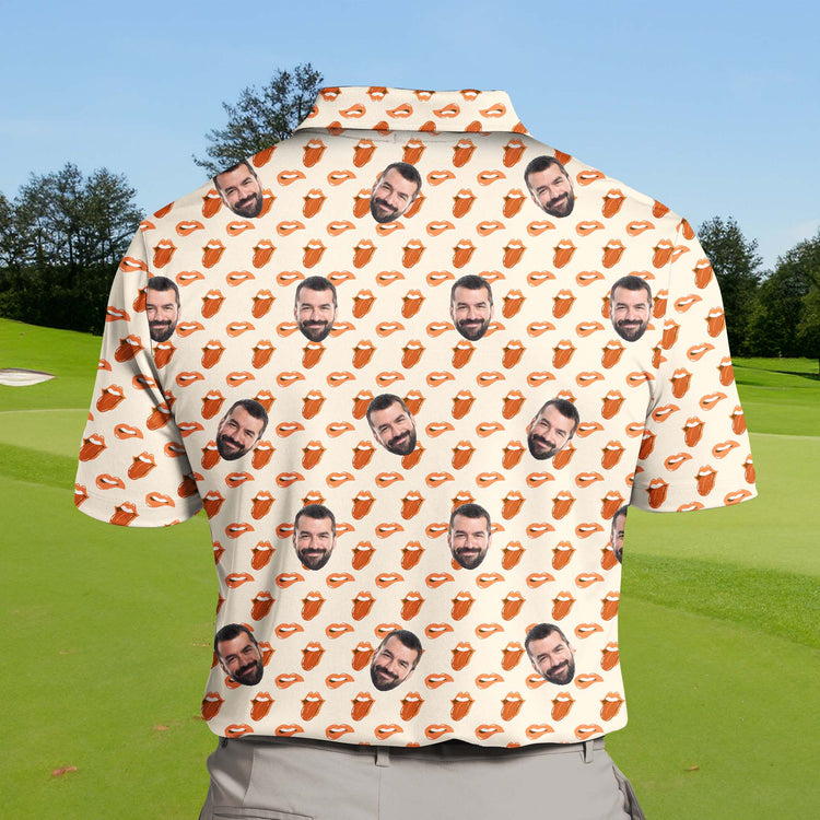 Red lips and face-themed funny golf shirts with cooling fabric for the course.