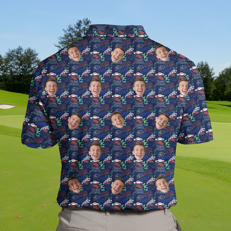 Funny golf shirts with faces on them, perfect for sports lovers.
