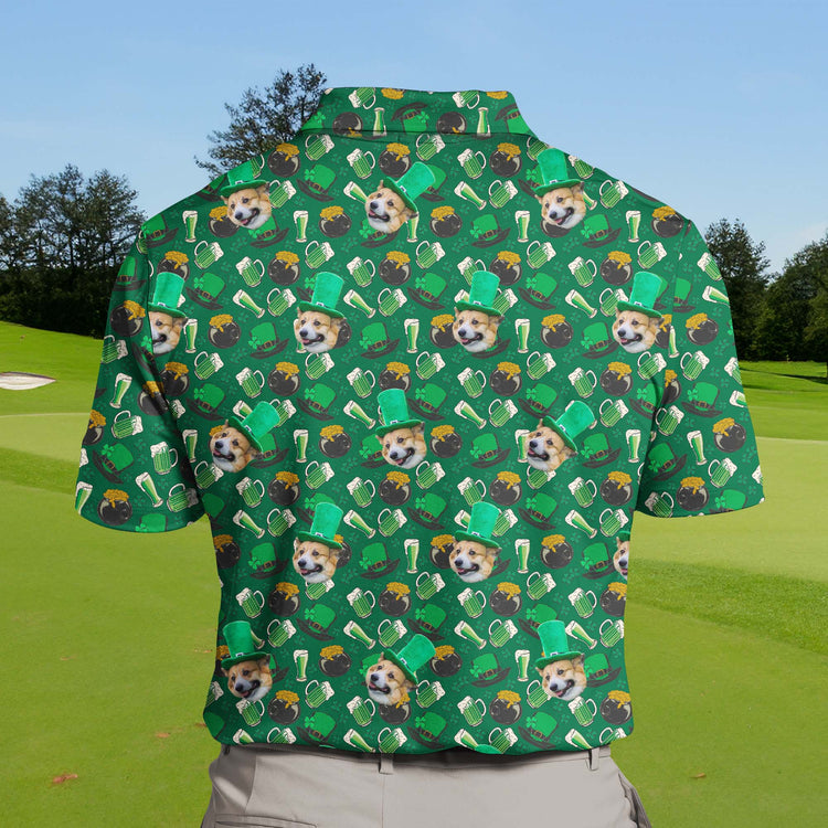 Unique funny golf shirts with faces on them for a holiday party theme.