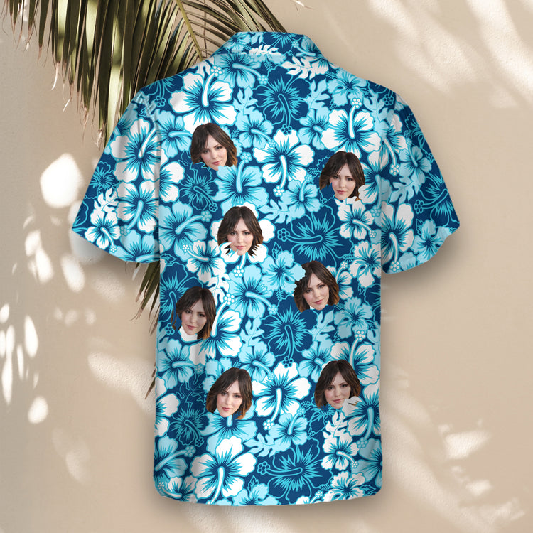 Vibrant Surf Floral Hibiscus custom Hawaiian shirts with faces on them, decorated with tropical flowers. Ideal for summer vacations and casual beachwear.