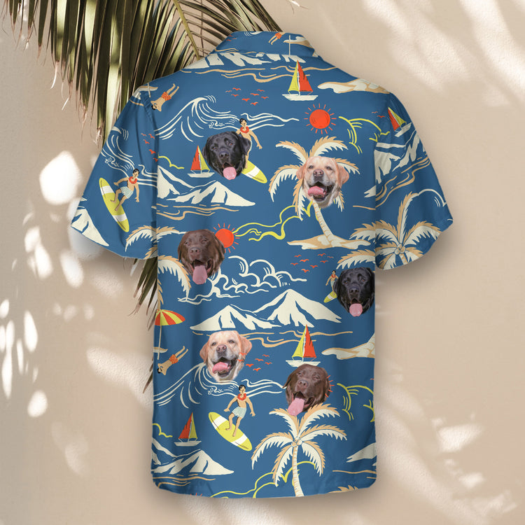 Tropical custom Hawaiian shirts with faces on them, featuring ocean blue with palm trees, surfers, and sailboats. Ideal for summer getaways and personalized island style.