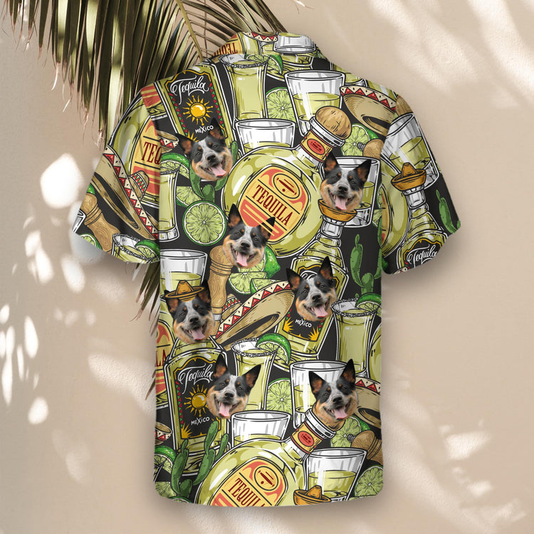 Festive custom Hawaiian shirts with faces on them, designed with tequila bottles, lime slices, shot glasses, and sombreros for a vibrant, celebratory style.