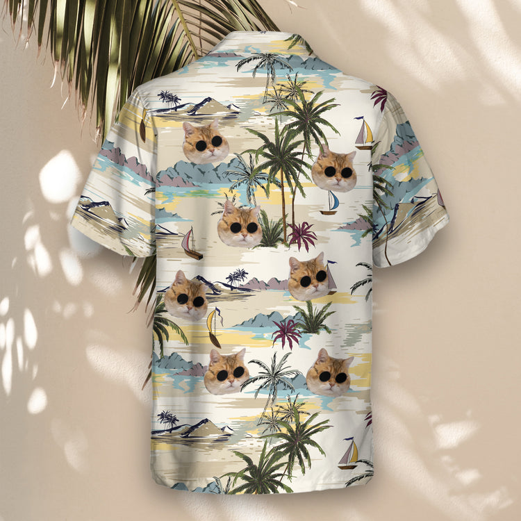 Stylish custom Hawaiian shirts with faces on them, showcasing peaceful palm trees and ocean waves, perfect for a laid-back, tropical look on any occasion.