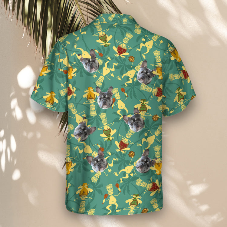 Feel the beat with custom Hawaiian shirts with faces on them, featuring tribal musicians, vintage drum patterns, and a vibrant tropical aesthetic.