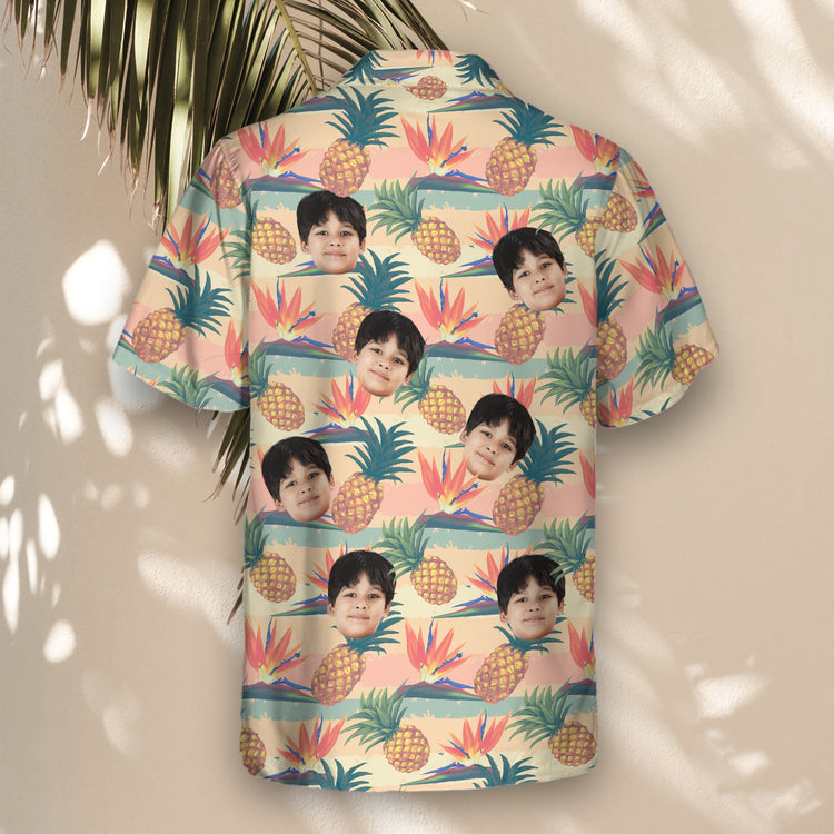 Tropical custom Hawaiian shirts with faces on them, showcasing bold bird of paradise flowers and pineapples, perfect for adding a lightweight, fun look to any occasion.