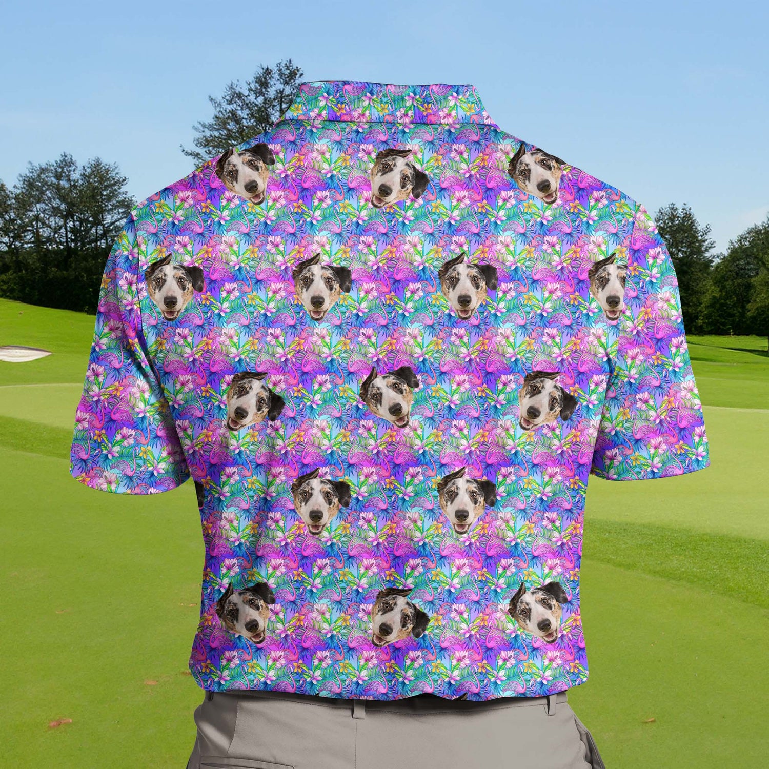 UV protection funny golf shirts with faces on them and floral designs.