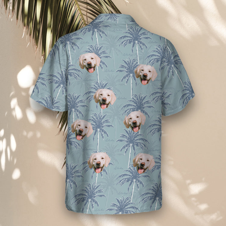 Nature-inspired custom Hawaiian shirts with navy palm trees on light blue. Add faces on them for a fun, stylish tropical vibe perfect for any occasion.
