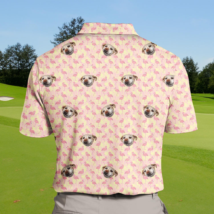 Custom funny golf polos with flamingo faces and logos.