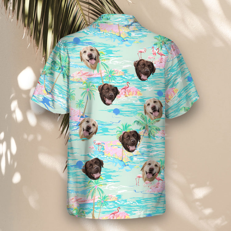 Tropical custom Hawaiian shirts with flamingos and palm trees. Add faces on them for a vibrant, lightweight design perfect for beach adventures.