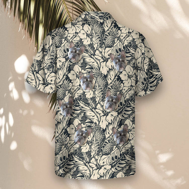 Refined custom Hawaiian shirts with black and ivory botanical designs. Add faces on them for a lightweight, stylish vibe ideal for tropical outings.