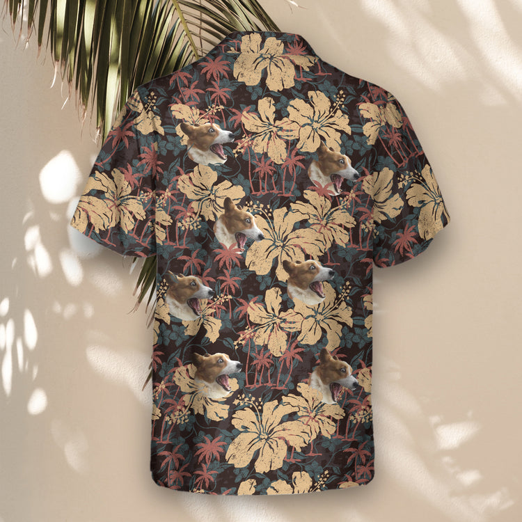 Tropical custom Hawaiian shirts with hibiscus, palm trees, and frangipani on a grunge background. Add faces on them for a lightweight, comfy style.