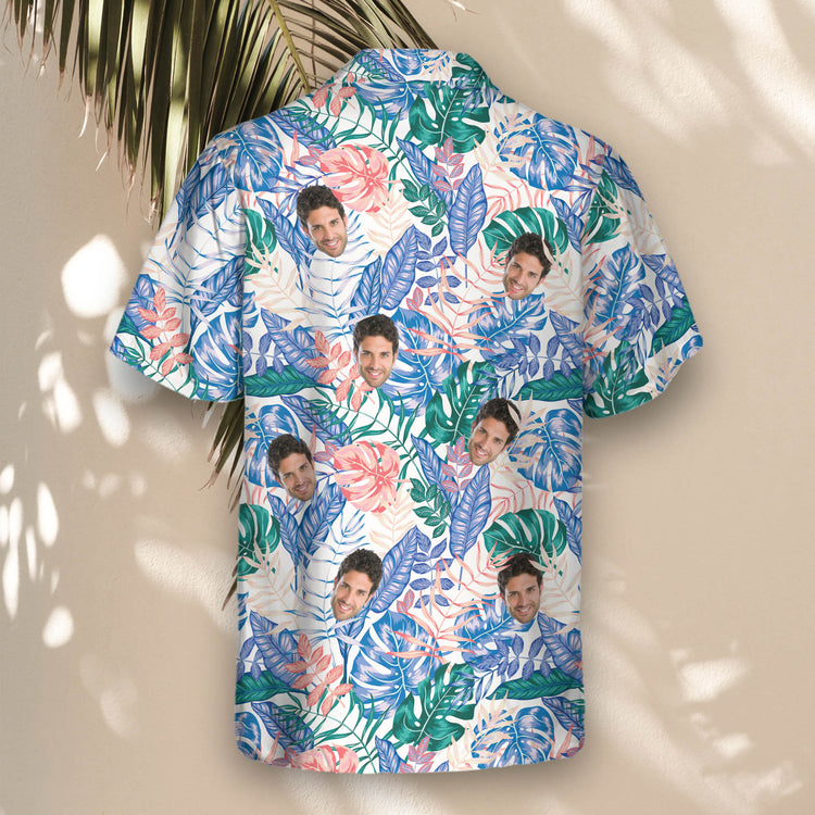 Lush tropical custom Hawaiian shirts with philodendron leaves, palm fronds, and fern patterns—vibrant shirts with faces on them to elevate your summer wardrobe.