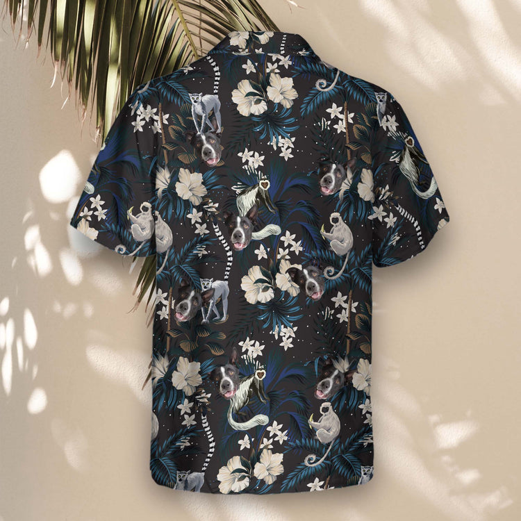 Bright floral custom Hawaiian shirts with faces on them, blending exotic jungle plants, hibiscus flowers, and wildlife in a stylish island design.