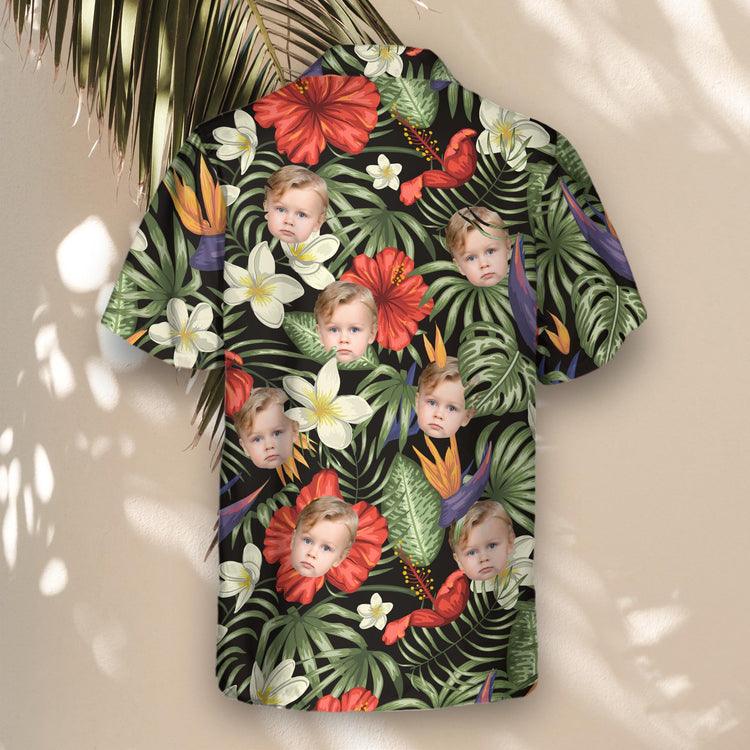 Nature-inspired custom Hawaiian shirts with frangipani, hibiscus, and lush leaves. Add faces on them for a relaxed, tropical look perfect for any event.
